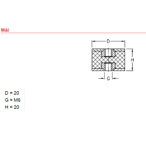 Gummi ophæng / Vibrationsdæmper 6x20x20mm m. Indvendig Gevind - Image 2