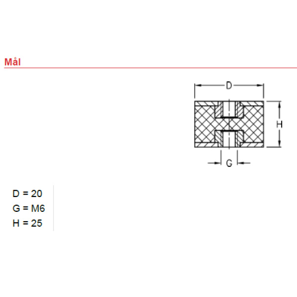 Gummi ophæng / vibrationsdæmper 6x20x25mm m. Indvendig Gevind - Image 2