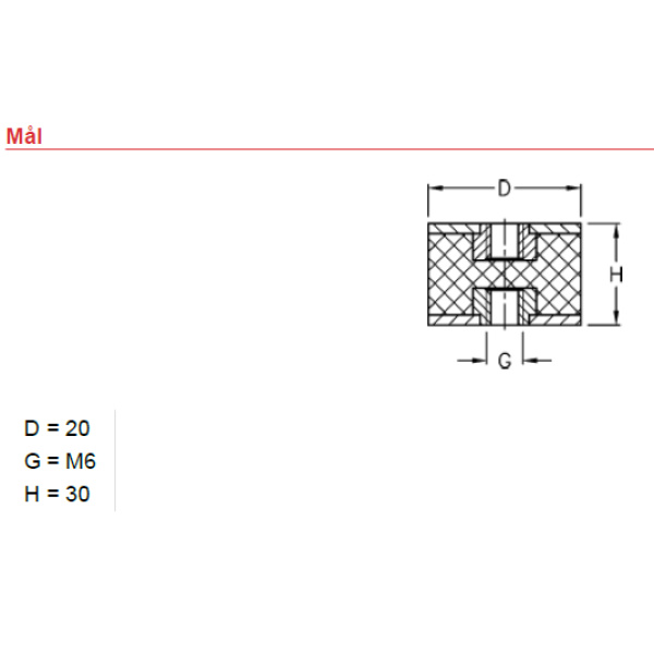 Gummi ophæng / Vibrationsdæmper 6x20x30mm m. Indvendig Gevind - Image 2